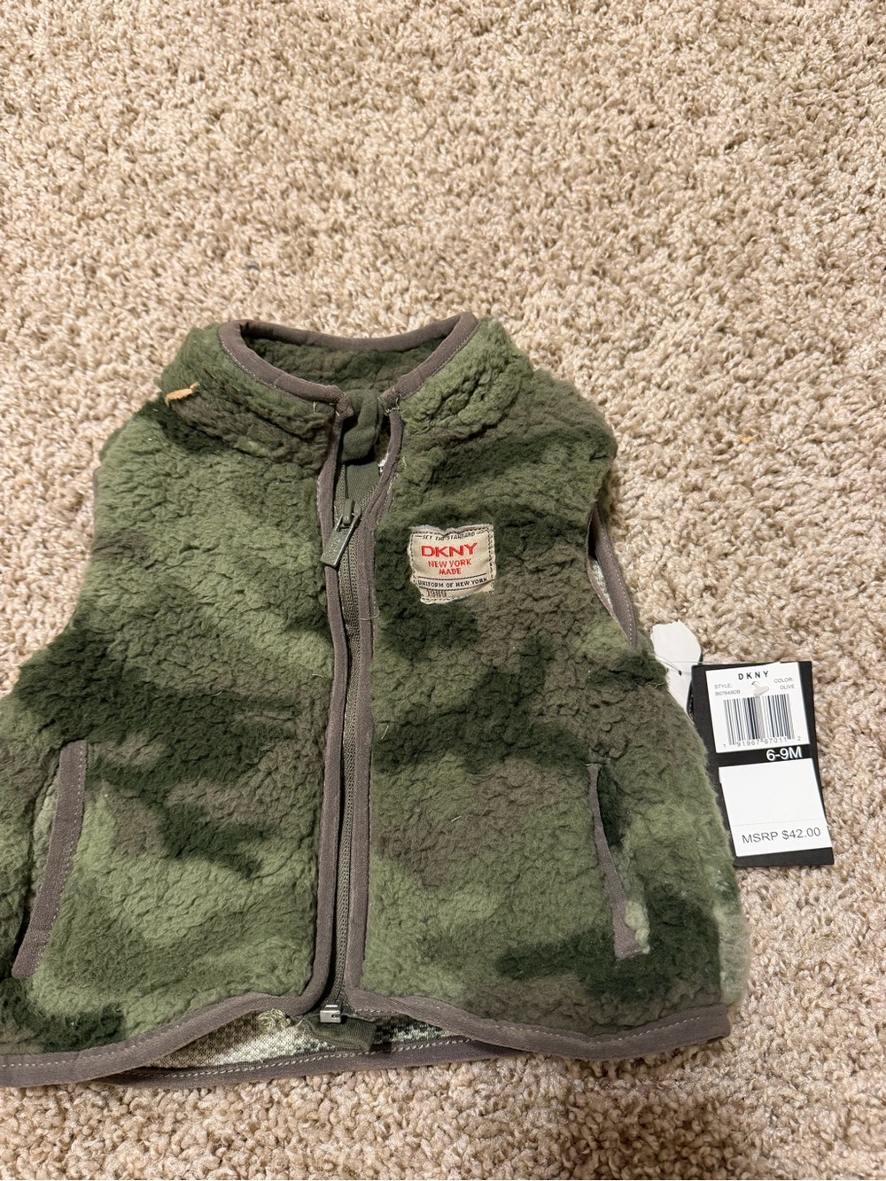 DKNY Olive Green Sherpa Baby Zip Vest